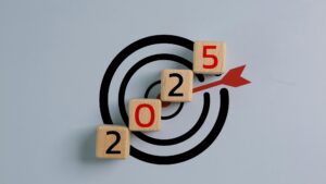 2025 Year on wooden cubes with target icon. Goal, Target, Resolution, strategy, plan, Action,